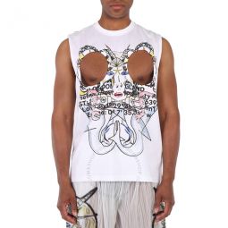 Mens White Cut-Out Graphic Printed Tank Top, Size X-Small