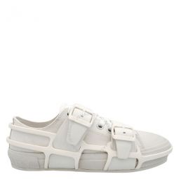 Mens White Vers Cotton And Leather Belted Low-Top Sneakers, Brand Size 44 ( US Size 11 )