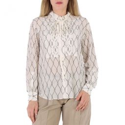 Net Print Crystal Detail Tie-neck Silk Shirt, Brand Size 6 (US Size 4)