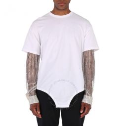 Optic White Cotton Cut-Out Hem Crystal Sleeve Oversized T-Shirt, Size X-Small
