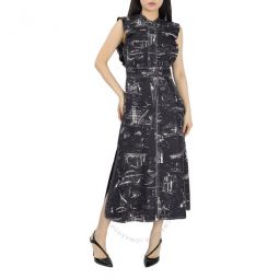 Ruffle Detail Landmark Print Silk Dress In Black, Brand Size 6 (US Size 4)