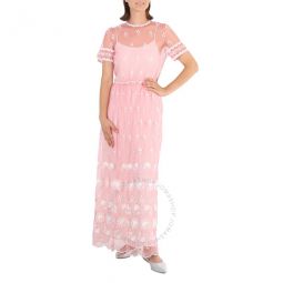 Short-sleeve Embroidered Tulle Dress In Rose Pink and White, Brand Size 8 (US Size 6)