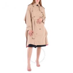 Soft Fawn Cotton Twill Contrast Cape Detail Double-breasted Trench Coat, Brand Size 6 (US Size 4)