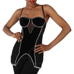 Stretch Mesh And Velveteen Crystal Embellished Corset Top, Brand Size 10 (US Size 8)