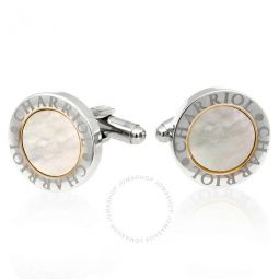 Mens Cufflinks Round Steel with White Mother of Pearl