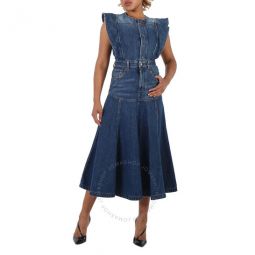 Ladies Dusky Blue Ruffled Pleated Denim Dress, Brand Size 34 (US Size 2)