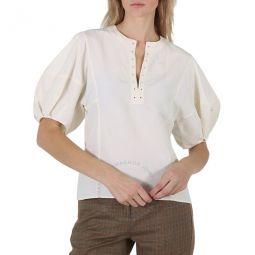 Ladies Iconic Milk Linen Silk Canvas Puff-Sleeve Blouse, Brand Size 40 (US Size 8)