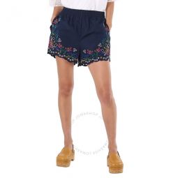 Ladies Multicolor Blue Embroidered Mini Shorts, Brand Size 36 (US Size 4)
