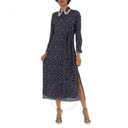 Ladies Navy Long-Sleeve Tulip-Print Crepe Shirt Dress, Brand Size 40 (US Size 8)