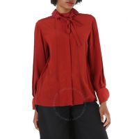 Ladies Peppery Red Ruffle-Neck Silk Shirt, Brand Size 40 (US Size 8)