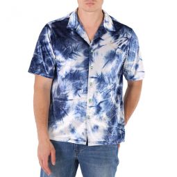 Mens Blue Open Collar Tie-Dye Bowler Shirt, Size Medium