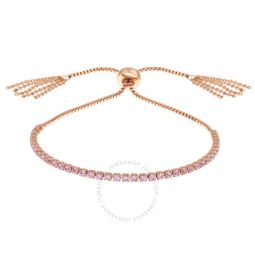 Womens 18K Rose Gold Plated Pink CZ Simulated Diamond Adjustable Bolo Fringe Tennis Bracelet