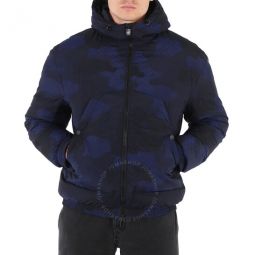 Mens Blue Navy Camouflage-Print Hooded Down Jacket, Brand Size 52 (US Size 42)