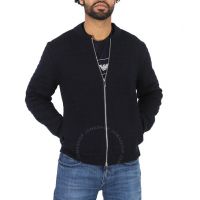 Navy Quilted Zip-Up Virgin Wool Cardigan, Size X-Large