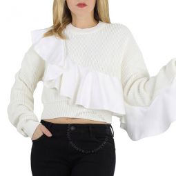 Ladies Knit Tops White Sweater With Ruffle, Brand Size 2