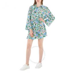 Ladies Azure Blue Floral Printed Puff-Sleeved Shirt Dress, Brand Size 38 (US Size 4)