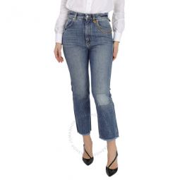 Ladies Medium Blue Chain Detail Straight-leg Cropped Jeans, Waist Size 26