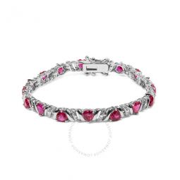 .925 Sterling Silver Created Heart Shape Red Ruby and White Diamond Accent Link Bracelet (I-J Color, I3 Clarity)