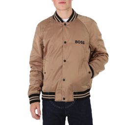 Mens Medium Beige Stripes And Branding Satin Bomber Jacket, Brand Size 50 (US Size 40)