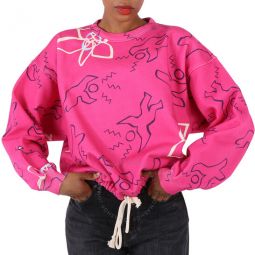 Ladies Fuchsia Muza Printed Crew Neck Cotton Sweatshirt, Brand Size 38 (US Size 4)