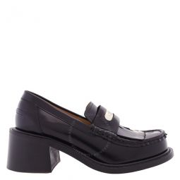 Black Leather Fringed smile Heeled Loafers, Brand Size 37 ( US Size 6 )