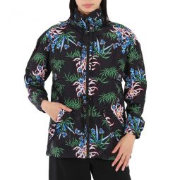 Black Sea Lily-Print Hooded Windbreaker, Size Medium