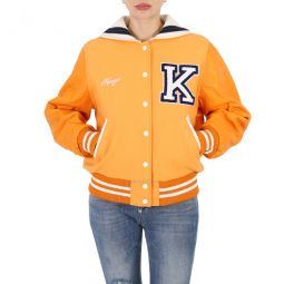 Ladies Apricot Varsity Wool And Leather Jacket, Size Small