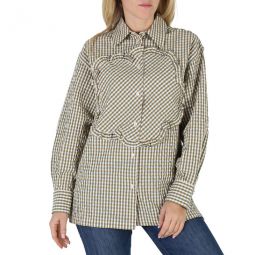 Ladies Gingham Print Boke Flower Long-Sleeve Cotton Shirt, Brand Size 38 (US Size 6)