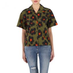 Ladies Khaki Hana Leopard Boxy Shirt, Size Medium