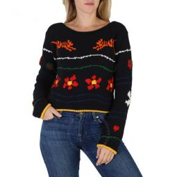 Ladies Linen Blend Intarsia-Knit Embroidered Jumper, Size X-Small