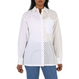 Ladies Off White Broderie Anglaise Long-Sleeve Cotton Shirt, Brand Size 36 (US Size 4)