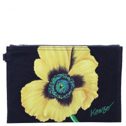 Navy Blue Poppy Floral Printed Zipped Large Clutch Bag