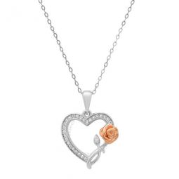 Sterling Silver Two-Tone CZ Rose Heart Pendant