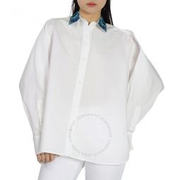 Embroidered Collar Shirt In White, Size Medium