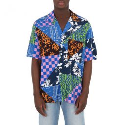 Blue Multicolor Mix Print Hawai Shirt, Size Medium
