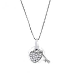 10K White Gold 0.15 Carat Diamond Heart and Key Pendant with 18 925 Sterling Silver Box Chain