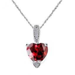 1.25 Carat Heart Shape Garnet Gemstone And White Diamond Pendant In 10k White Gold With 18 10k White Gold Plated Sterling Silver Box Chai