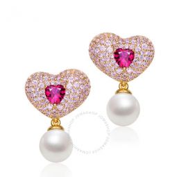 Sterling Silver 14K Gold Plated Ruby Cubic Zirconia and Pearl Heart Drop Butterfly Earrings
