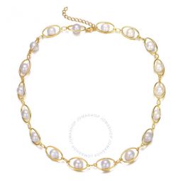 Sterling Silver 14K Yellow Gold Plated Freshwater Pearl and Cubic Zirconia Link Oval Spring Ring Adjustable Necklace