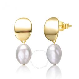 Sterling Silver 14k Yellow Gold Plated Oval White Pearl Drop Medallion Dangle Earrings
