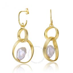 Sterling Silver 14k Yellow Gold Plated with Baroque White Pearl Double Drop Half-Hoop Dangle Earrings