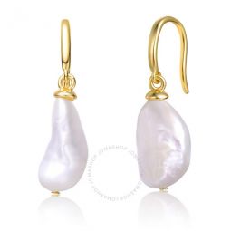 Sterling Silver 14k Yellow Gold Plated with Baroque White Pearl French Hook Dangle Drop Earrings