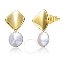 Sterling Silver 14k Yellow Gold Plated with White Coin Pearl Drop Double Dangle Geometric Earrings