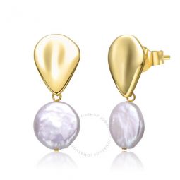 Sterling Silver 14k Yellow Gold Plated with White Coin Pearl Raindrop Double Dangle Drop Earrings