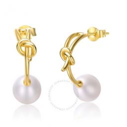 Sterling Silver 14k Yellow Gold Plated with White Pearl Love Knot Half-Hoop Earrings