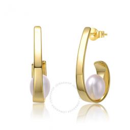 Sterling Silver 14k Yellow Gold Plated with White Pearl Ribbon Half-Hoop Drop Earrings