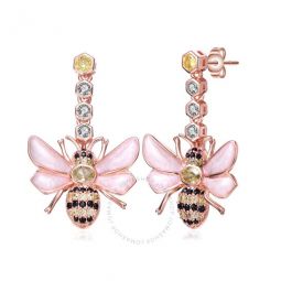 Sterling Silver 18K Rose Plated Clear Cubic Zirconia Floral Drop Butterfly Earrings