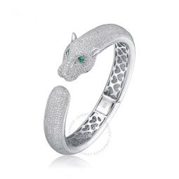 Sterling Silver with Emerald & Diamond Cubic Zirconia Hinged Open Cuff Bangle Bracelet