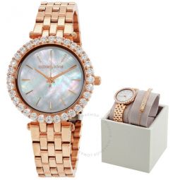 Darci Quartz Crystal Mother of Pearl Dial Ladies Watch and Steel Bracelet Set