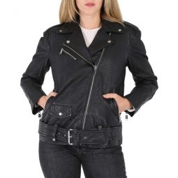 Ladies Crinkled Leather Moto Jacket in Black, Size Small